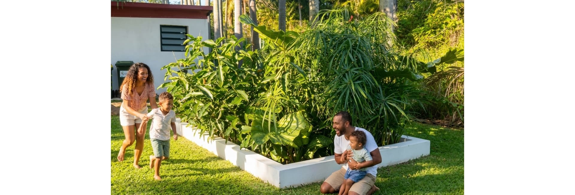 Filtre planté Nature'OPure installé — une famille profite de son jardin à La Réunion